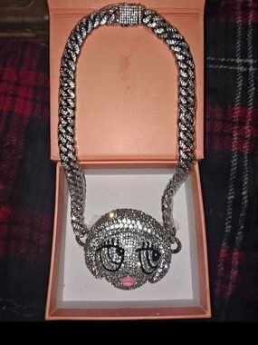 Silver Crystal Emoji Face Pendant Necklace - Women Jewelry